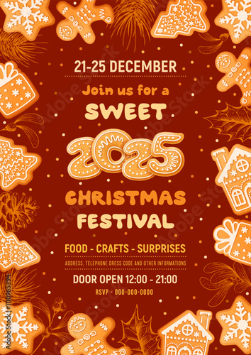 Merry Christmas and Happy New Year festival or party poster template with gingerbread cookies on dark red background. Homemade cute winter sweets and numbers 2025. Vector illustration