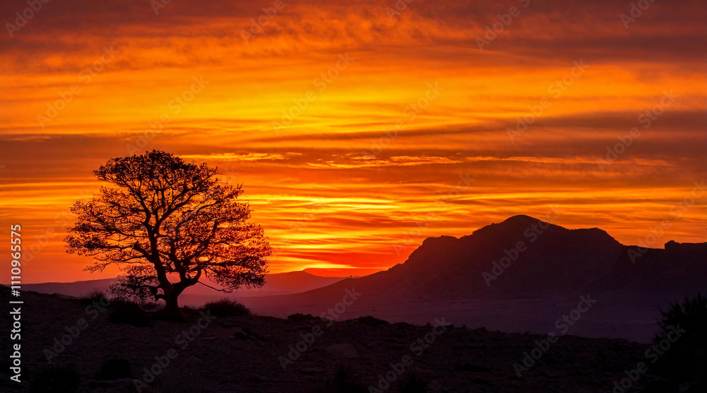Naklejka premium A lone tree silhouetted against a fiery sunset, ultra-sharp foreground with distant mountains blurred