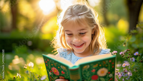 A young blonde girl smiling while reading a green book with floral designs. She is outdoors in a sun