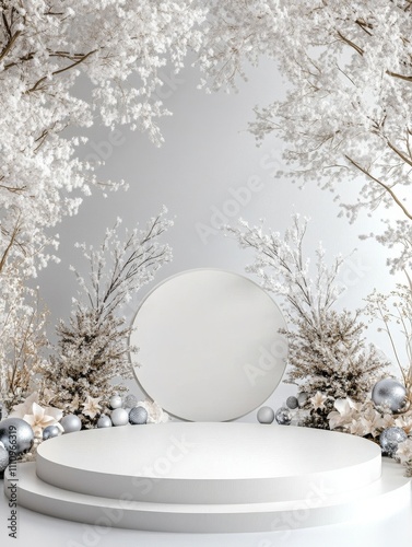 A winter wonderland scene with an elegant silver decor arrangement, featuring silver baubles and white snowy trees on a reflective platform, creating pure enchantment. photo