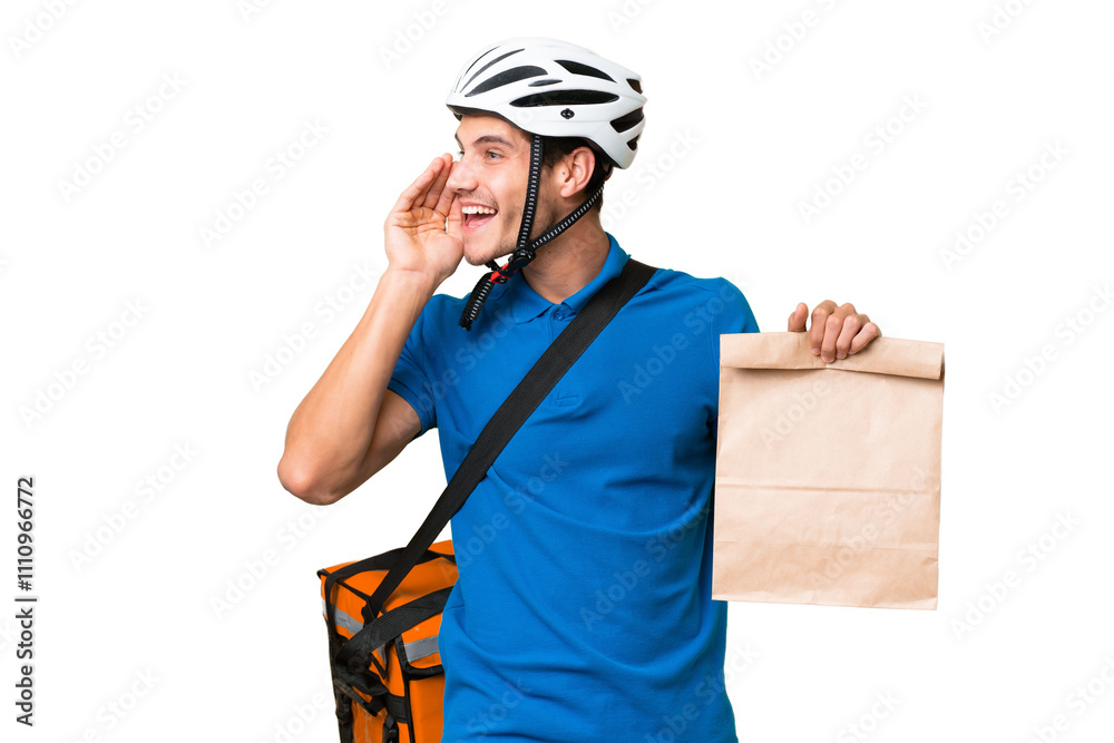 Young caucasian man taking a bag of takeaway food over isolated background shouting with mouth wide open to the side Young caucasian man taking a bag of takeaway food over isolated background shouting with mouth wide open to the side