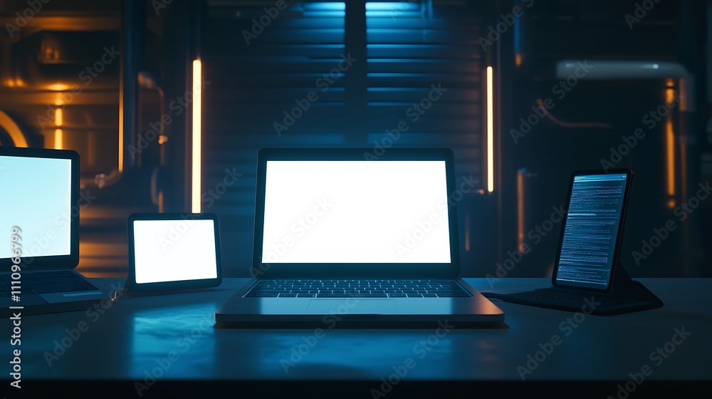 Laptop Tablet And Smartphone On Desk In Dark Room Laptop Tablet And Smartphone On Desk In Dark Room