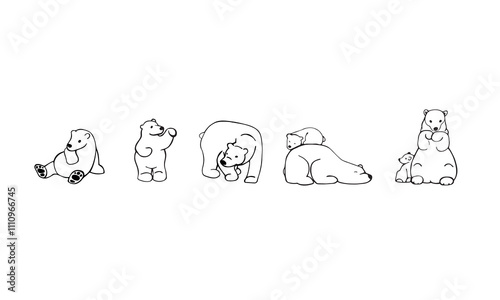 Polar bear with cub. Polar bear stands on paws, sleeping polar bears. Antarctic. Line sketch set of wild animals.