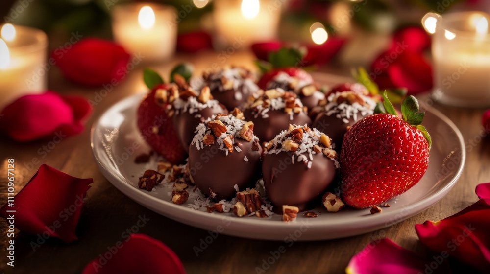 Photo of, A decadent plate of chocolate-dipped strawberries arranged on a platter and sprinkled with chopped nuts and shredded coconut, Strawberry platter centered Photo of, A decadent plate of chocolate-dipped strawberries arranged on a platter and sprinkled with chopped nuts and shredded coconut, Strawberry platter centered