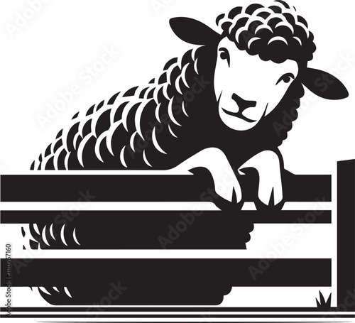 A sheep leaning over a fence looking curious silhouette vector