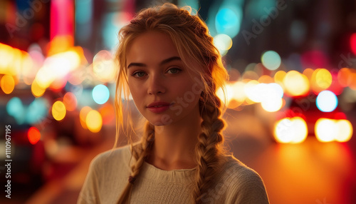 A young woman with long, braided blonde hair stands on a city street at night. She wears a casual, o