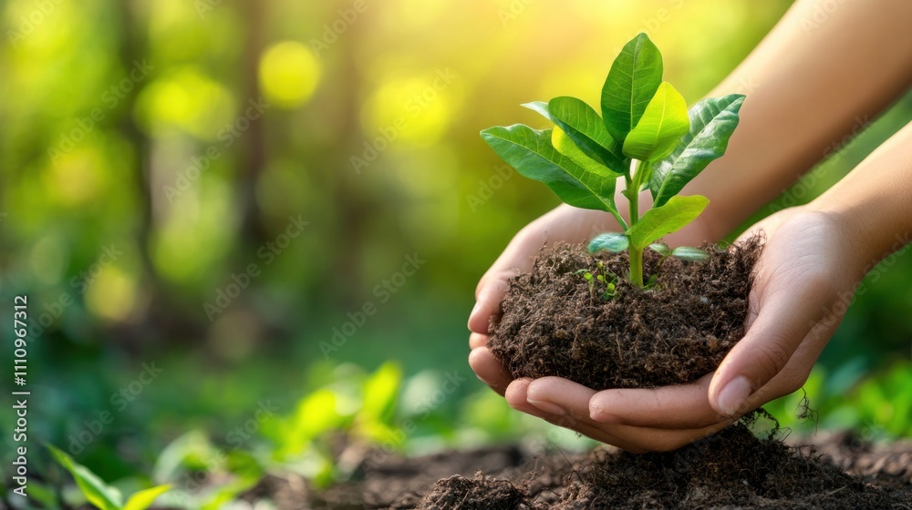 Hands holding young plant with soil in sunlight Hands holding young plant with soil in sunlight
