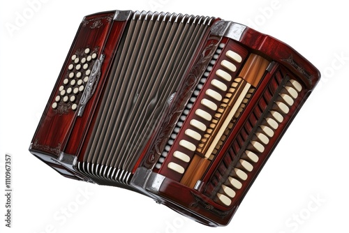 Vintage red diatonic button accordion isolated on white background. photo