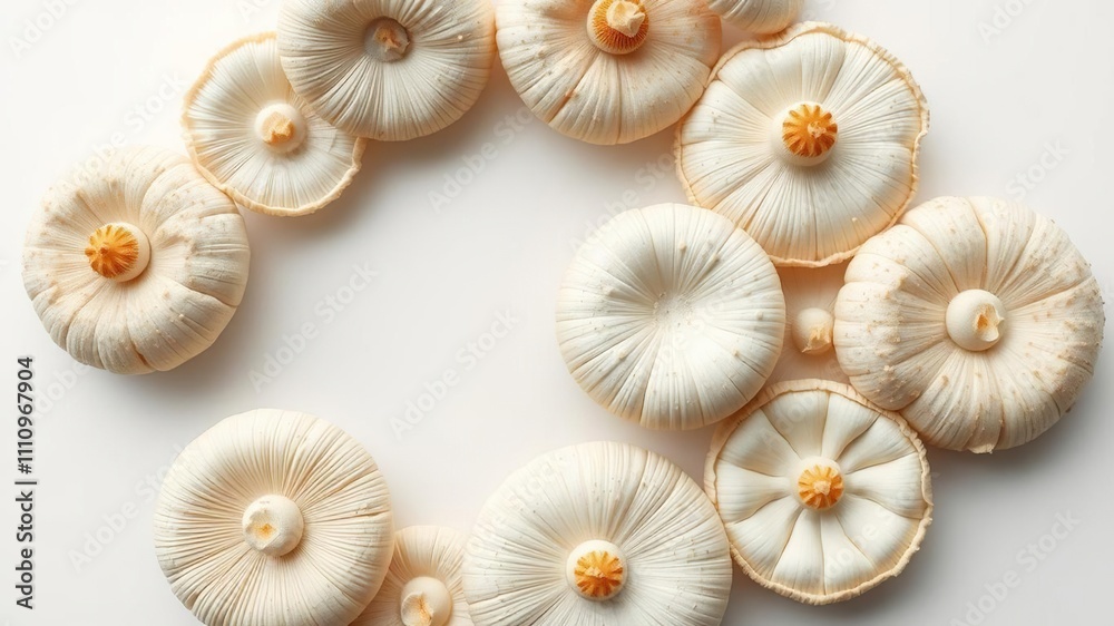 Three mycena mushroom caps arranged in a circular pattern with varying sizes and shapes , botanical, mushrooms, nature Three mycena mushroom caps arranged in a circular pattern with varying sizes and shapes , botanical, mushrooms, nature
