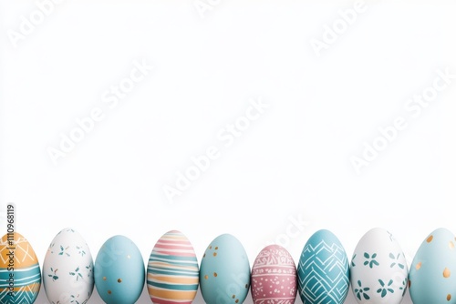 A neat row of intricately decorated Easter eggs, each displaying unique patterns and colors, set against a crisp white background to emphasize creative crafting diversity. photo