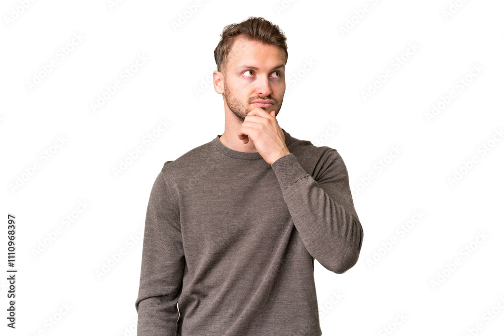 Young handsome caucasian man over isolated chroma key background having doubts Young handsome caucasian man over isolated chroma key background having doubts