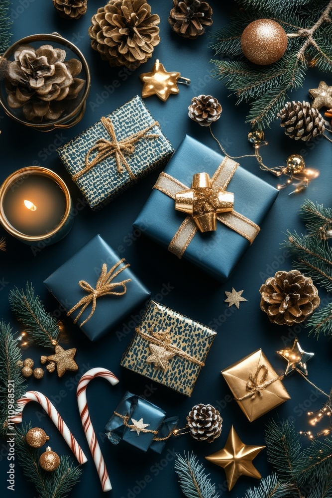 Fototapeta premium An arrangement of beautifully wrapped gifts in blue and gold, surrounded by festive decorations, including pine cones and candy canes, capturing the holiday spirit.