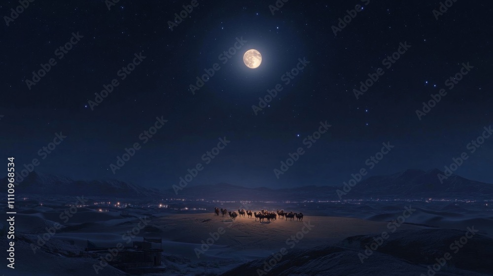 A Caravan of Camels Crossing a Desert Under a Full Moon and Starry Sky A Caravan of Camels Crossing a Desert Under a Full Moon and Starry Sky