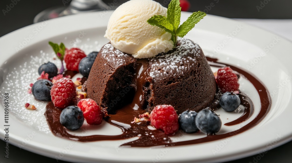 Photo of, A decadent plate of molten lava cake with a gooey chocolate center, served with vanilla ice cream and fresh berries Photo of, A decadent plate of molten lava cake with a gooey chocolate center, served with vanilla ice cream and fresh berries