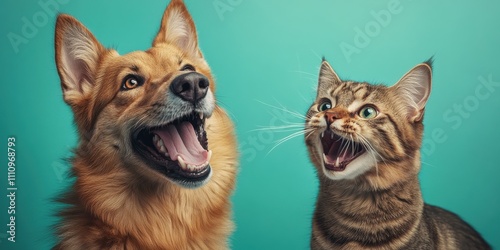 Dogs and cats share a joyful moment of connection against a vibrant teal backdrop during a fun photoshoot celebrating friendship and happiness