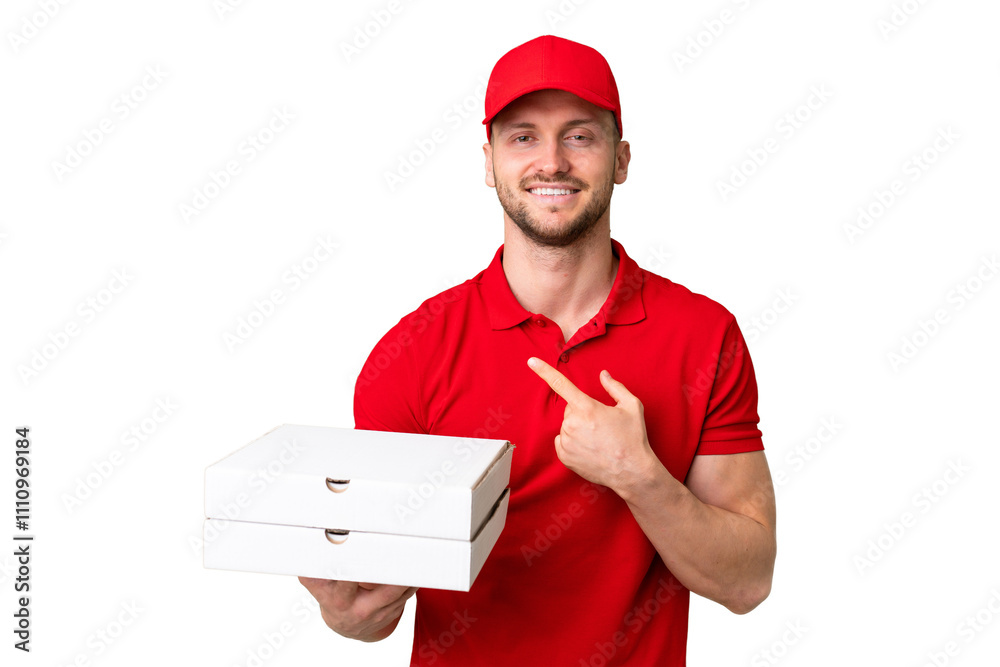 Pizza delivery man with work uniform picking up pizza boxes over isolated chroma key background pointing to the side to present a product Pizza delivery man with work uniform picking up pizza boxes over isolated chroma key background pointing to the side to present a product