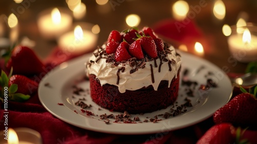 Photo of, A decadent plate of red velvet cake topped with cream cheese frosting and chocolate shavings, Red velvet cake plate centered