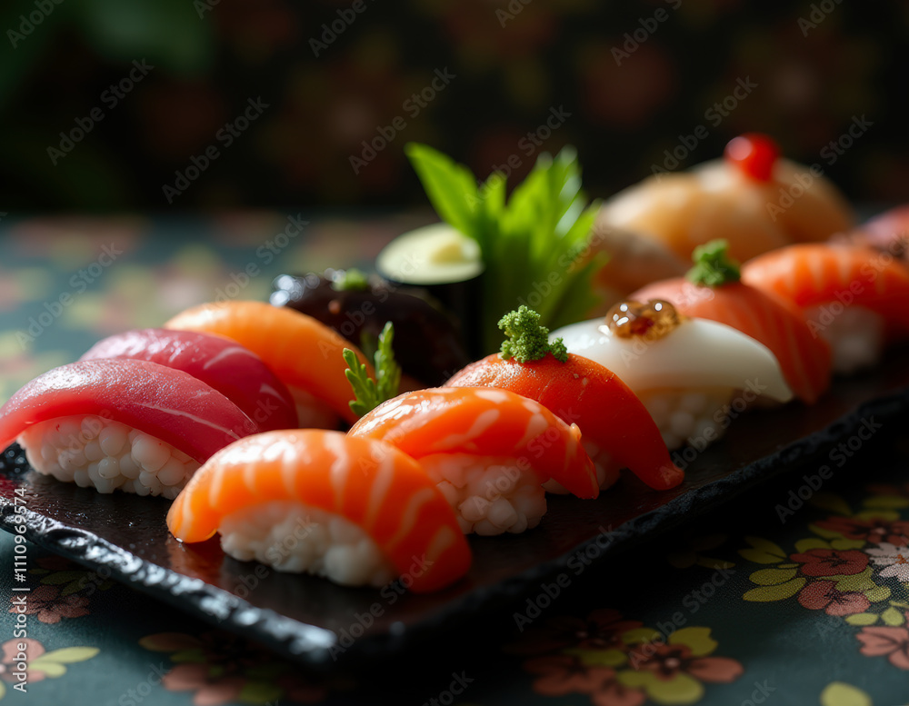 A beautifully arranged sushi platter showcasing a variety of nigiri with vibrant seafood. This gourmet delicacy is presented on a decorative plate, A beautifully arranged sushi platter showcasing a variety of nigiri with vibrant seafood. This gourmet delicacy is presented on a decorative plate,