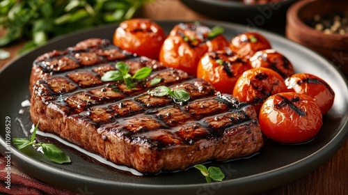 A grilled steak served with charred tomatoes on a plate, showcasing a delicious meal.