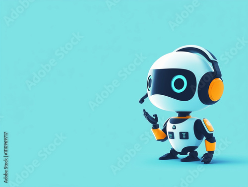 Minimalist AI call center robot with headset providing tech support on a light blue background