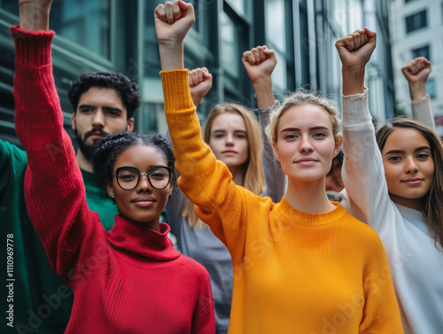 Multi ethnic people raising their fists up in the air