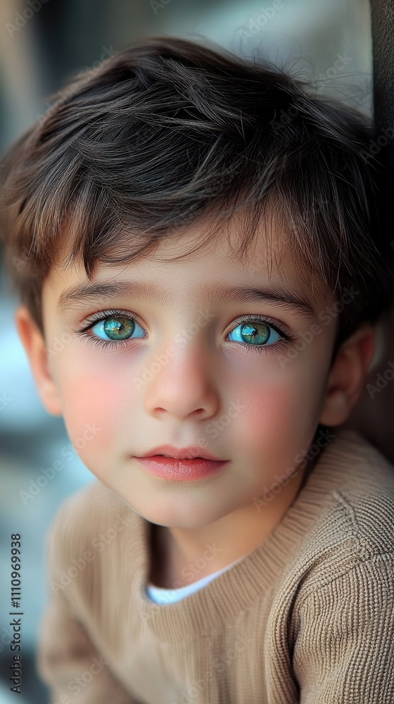 Child with striking green eyes and soft features poses calmly against a blurred background, capturing a moment of innocence and curiosity in a natural setting Child with striking green eyes and soft features poses calmly against a blurred background, capturing a moment of innocence and curiosity in a natural setting