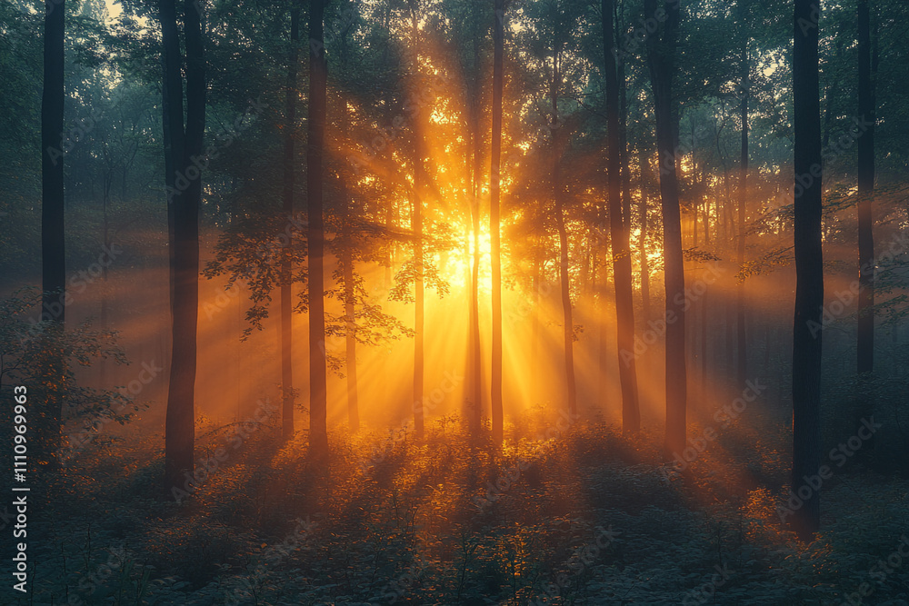 Sunrise Beams Illuminate Misty Forest Scene