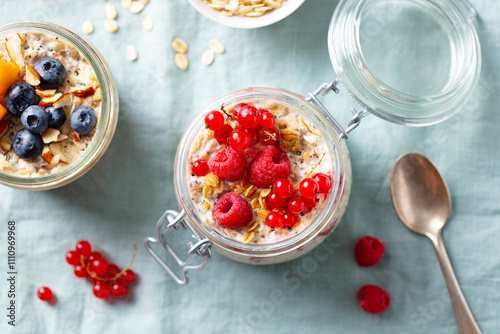 Overnight oats with fresh berries and fruits in glass jars. Blue textile background. Close up. Top view. photo