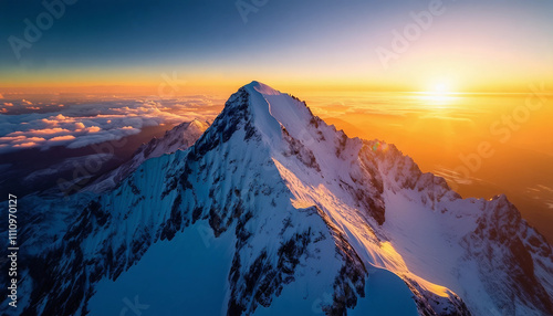 An aerial view of a majestic snow-covered mountain peak at sunrise. The mountain’s jagged edges are