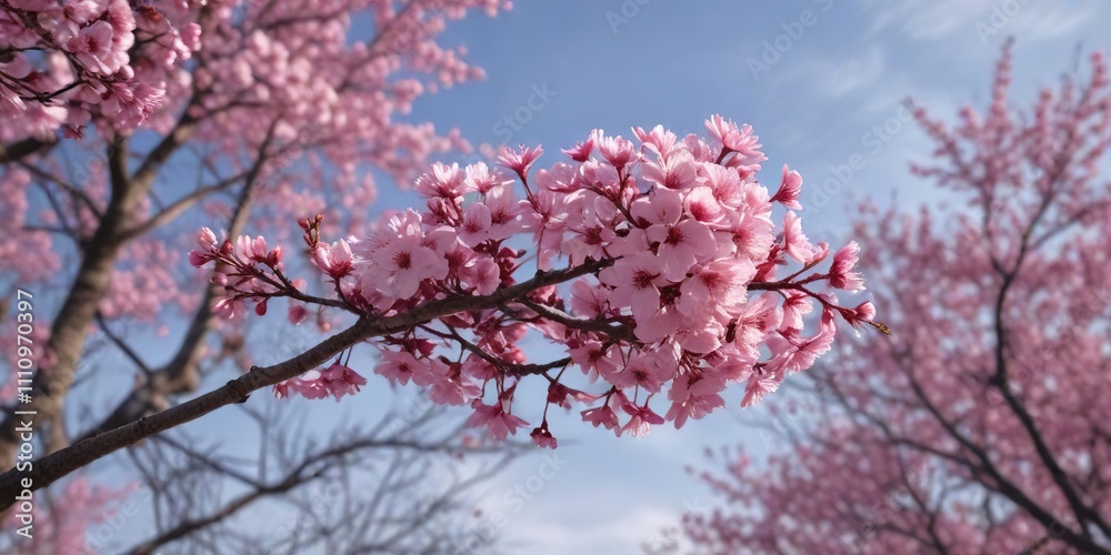 Vibrant pink cherry blossoms bloom in clusters on bare branches of a winter-bare tree, vibrant blooms, bare branches, colorful scene Vibrant pink cherry blossoms bloom in clusters on bare branches of a winter-bare tree, vibrant blooms, bare branches, colorful scene