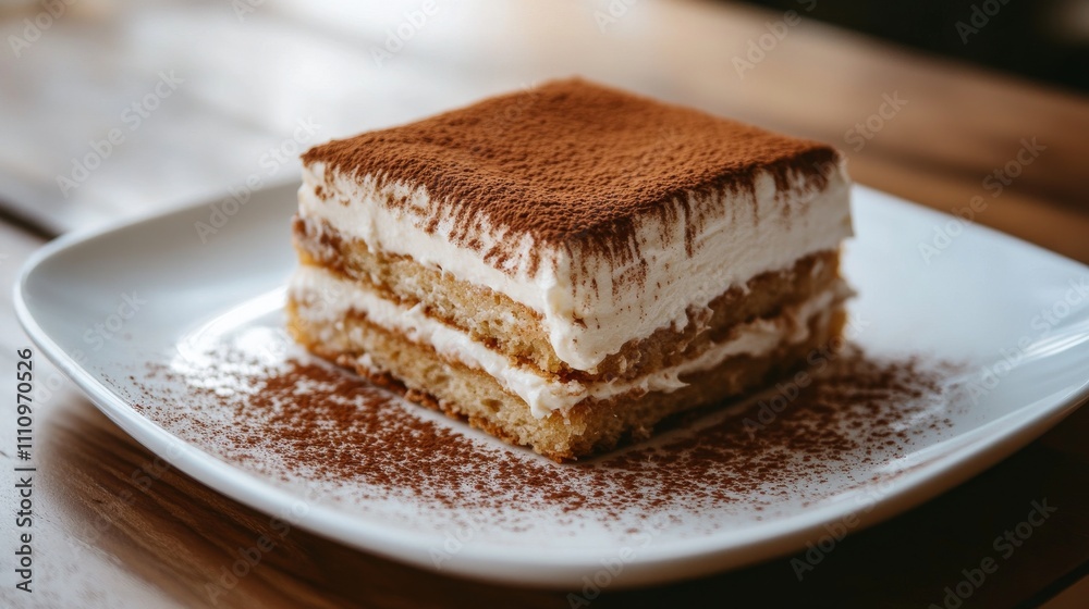 Photo of, A decadent plate of tiramisu with layers of coffee-soaked ladyfingers and mascarpone cheese, Tiramisu plate centered Photo of, A decadent plate of tiramisu with layers of coffee-soaked ladyfingers and mascarpone cheese, Tiramisu plate centered