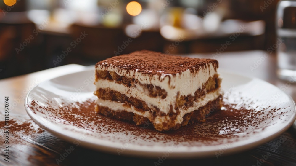 Photo of, A decadent plate of tiramisu with layers of coffee-soaked ladyfingers and mascarpone cheese, Tiramisu plate centered Photo of, A decadent plate of tiramisu with layers of coffee-soaked ladyfingers and mascarpone cheese, Tiramisu plate centered