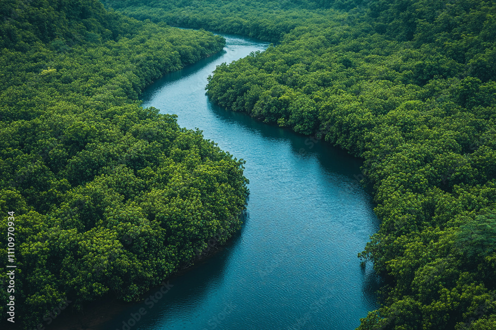 Serpentine River Winds Through Lush Green Mangrove Forest Serpentine River Winds Through Lush Green Mangrove Forest