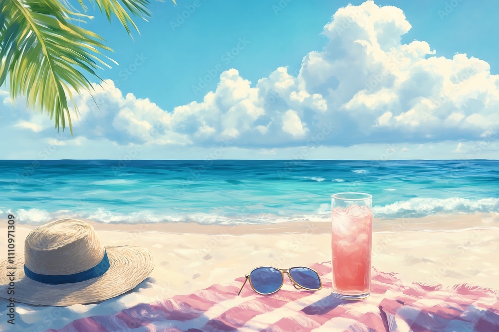 Relaxing Tropical Beach Scene with Hat and Refreshing Drink Relaxing Tropical Beach Scene with Hat and Refreshing Drink