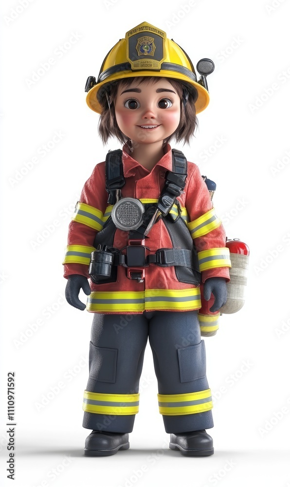 Child in firefighter costume, 3D illustration, isolated on white background Child in firefighter costume, 3D illustration, isolated on white background