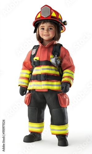 Child in firefighter costume, 3D illustration, isolated on white background 