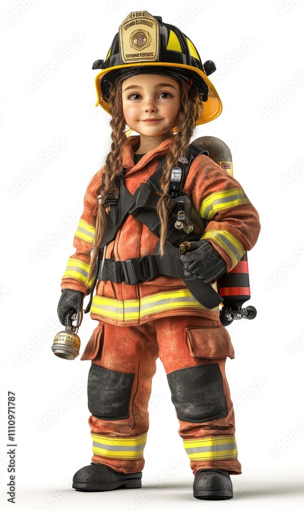 Child in firefighter costume, 3D illustration, isolated on white background Child in firefighter costume, 3D illustration, isolated on white background