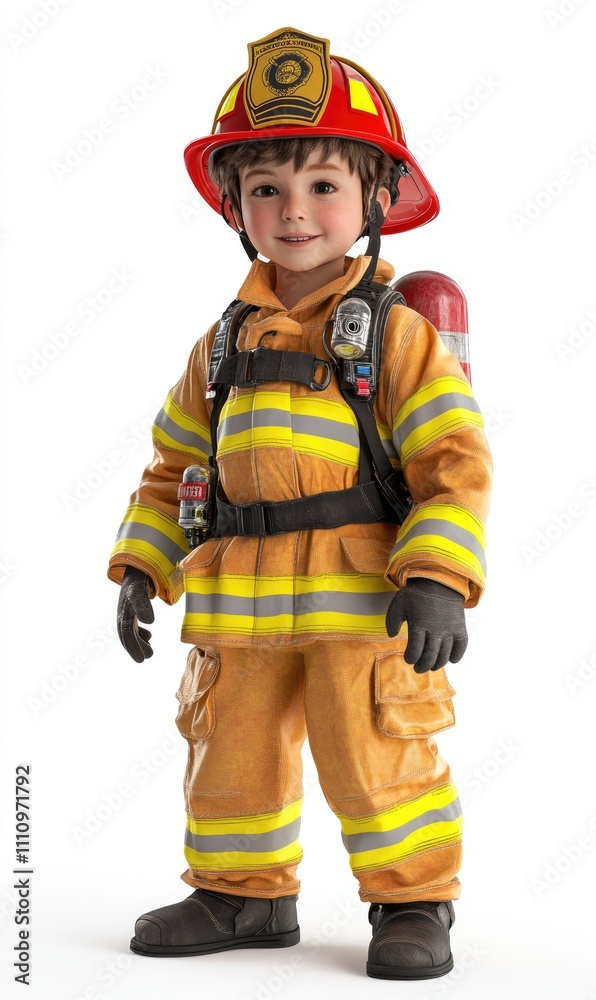 Child in firefighter costume, 3D illustration, isolated on white background Child in firefighter costume, 3D illustration, isolated on white background