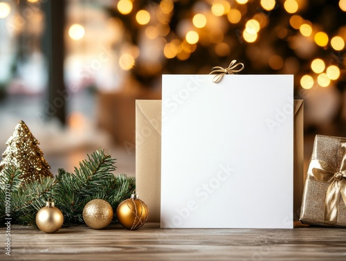 A blank holiday card leaning against a gold envelope with pine branches, shimmering ornaments and wrapped gift, conveying grace and elegance in festive setting. photo