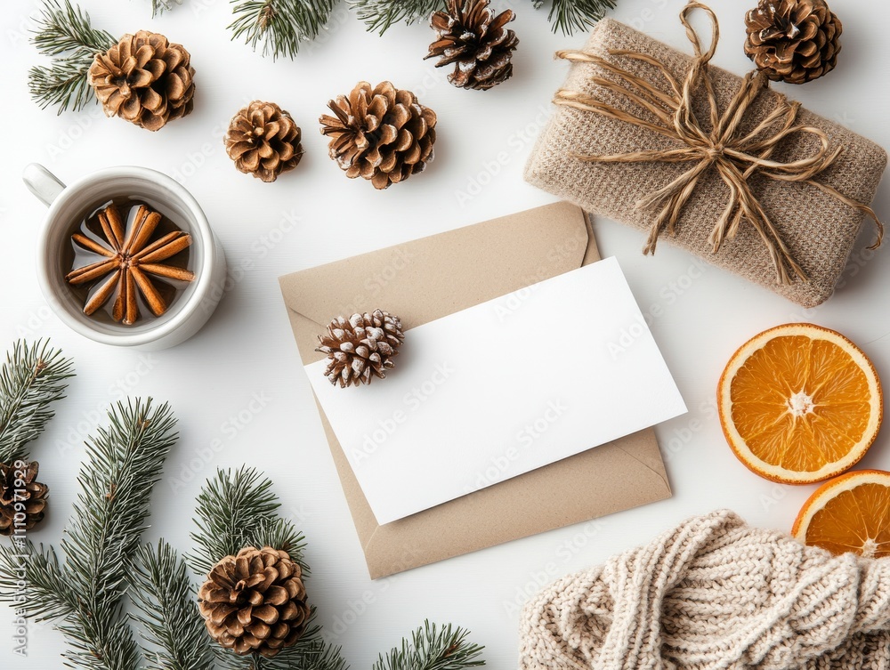 A winter holiday arrangement showing wrapped gifts, a cup of spiced tea, pine cones, and orange slices, creating a cozy and festive atmosphere for season greetings. A winter holiday arrangement showing wrapped gifts, a cup of spiced tea, pine cones, and orange slices, creating a cozy and festive atmosphere for season greetings.