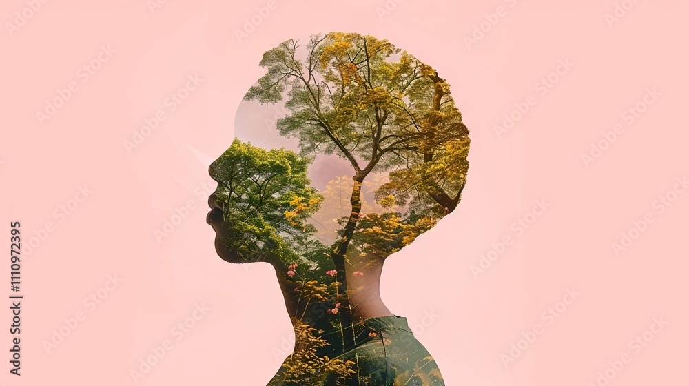 Double exposure combines a male face and a branching tree with green foliage. The concept of the unity of nature and man. The vitality of the human soul in nature illustration. Design for cover. Double exposure combines a male face and a branching tree with green foliage. The concept of the unity of nature and man. The vitality of the human soul in nature illustration. Design for cover.