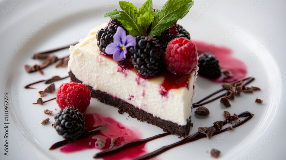 Photo of, A decadent slice of cheesecake topped with mixed berries and a drizzle of raspberry sauce, Cheesecake plated elegantly with chocolate shavings for garnish Photo of, A decadent slice of cheesecake topped with mixed berries and a drizzle of raspberry sauce, Cheesecake plated elegantly with chocolate shavings for garnish