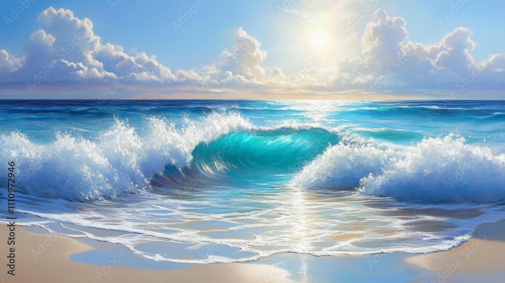 A Turquoise Wave Crashing on a Sandy Beach Under a Sunny Sky A Turquoise Wave Crashing on a Sandy Beach Under a Sunny Sky