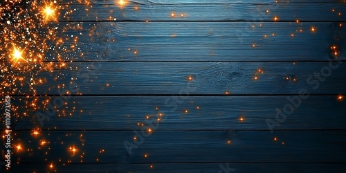 A captivating image featuring golden sparkles scattered across a dark wooden background, resembling a starry night sky, adding a touch of magic and wonder. photo