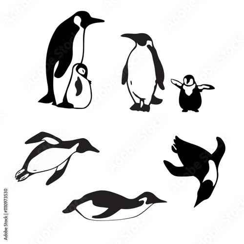 Penguin silhouettes set. Sea animals. Baby penguin with parents, swimming penguin, gliding penguin.