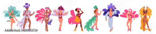 Dancers of Brazilian carnival in Rio de Janeiro. Female and male characters in exotic costumes with feathers dancing latin dances at samba and cabaret, fashion party cartoon