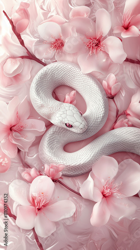 A beautiful and elegant white snake with red eyes slithering through pink flowers and petals, perfectly suited for wallpaper.