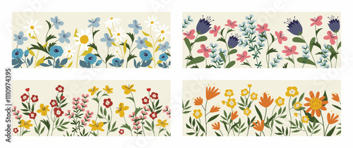 Cute spring and summer garden flowers with leaves, plants in frame border set. Floral pattern collection, red, yellow and blue daisy blossoms in modern naive style cartoon vector illustration