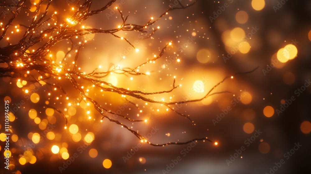 Obraz premium Twinkling String Lights on a Branch with a Bokeh Background