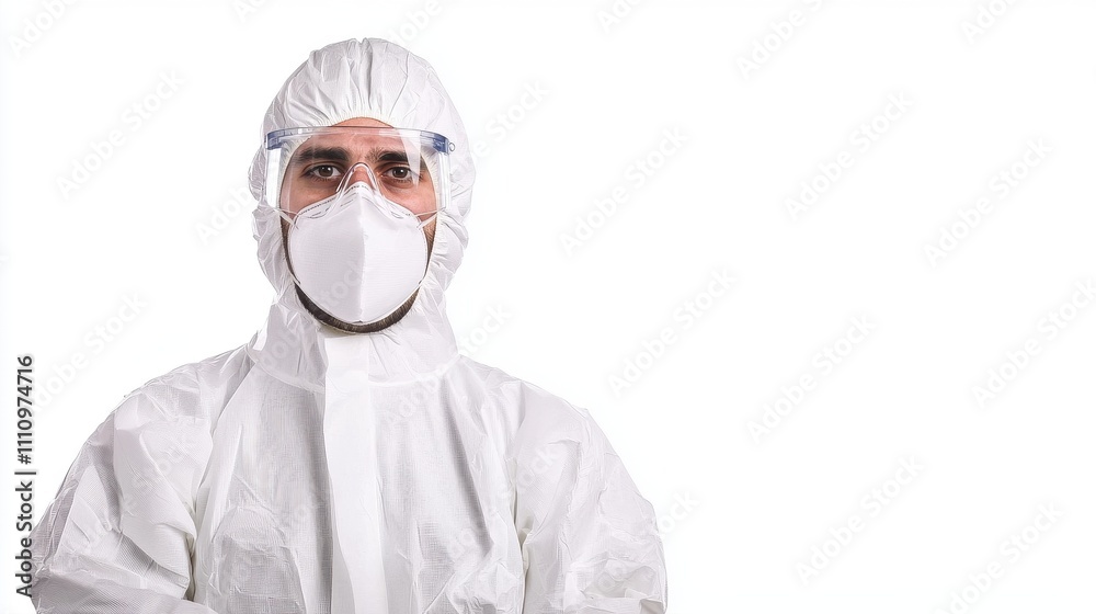 Professional wearing protective clothing and mask for safety against infectious diseases in a clinical or laboratory environment with a white background Professional wearing protective clothing and mask for safety against infectious diseases in a clinical or laboratory environment with a white background